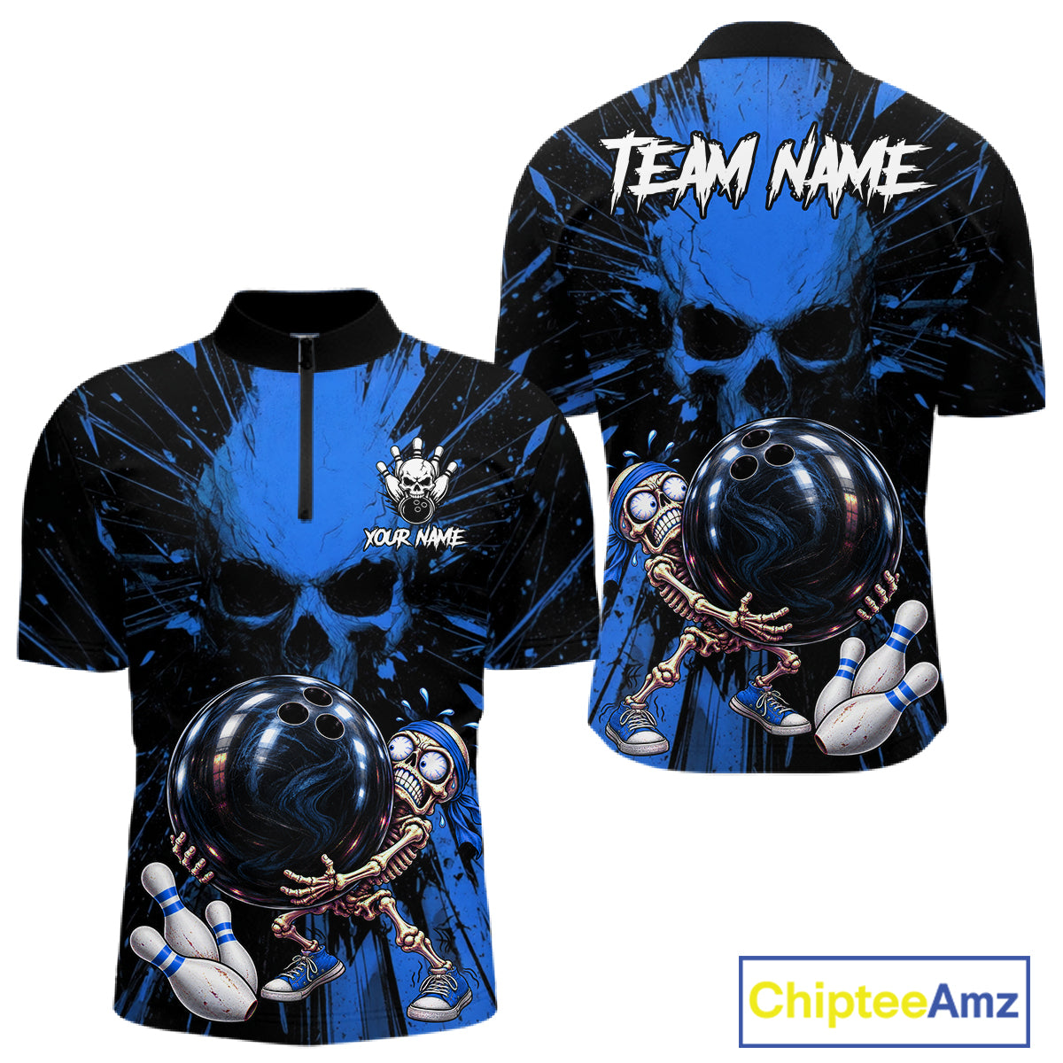 Funny Skull Bowling Shirt, Personalized Blue Skeleton Bowling Polo For Bowling Teams For Men NHT1515