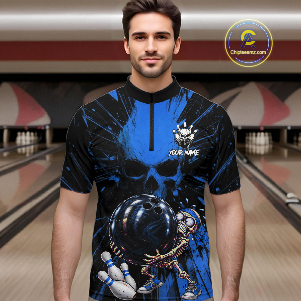 Funny Skull Bowling Shirt, Personalized Blue Skeleton Bowling Polo For Bowling Teams For Men NHT1515