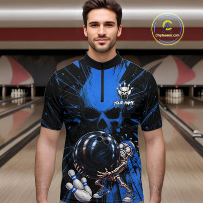 Funny Skull Bowling Shirt, Personalized Blue Skeleton Bowling Polo For Bowling Teams For Men NHT1515