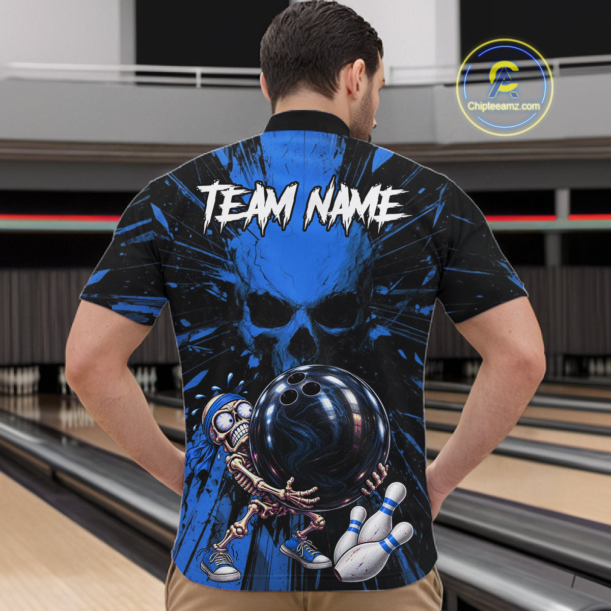 Funny Skull Bowling Shirt, Personalized Blue Skeleton Bowling Polo For Bowling Teams For Men NHT1515