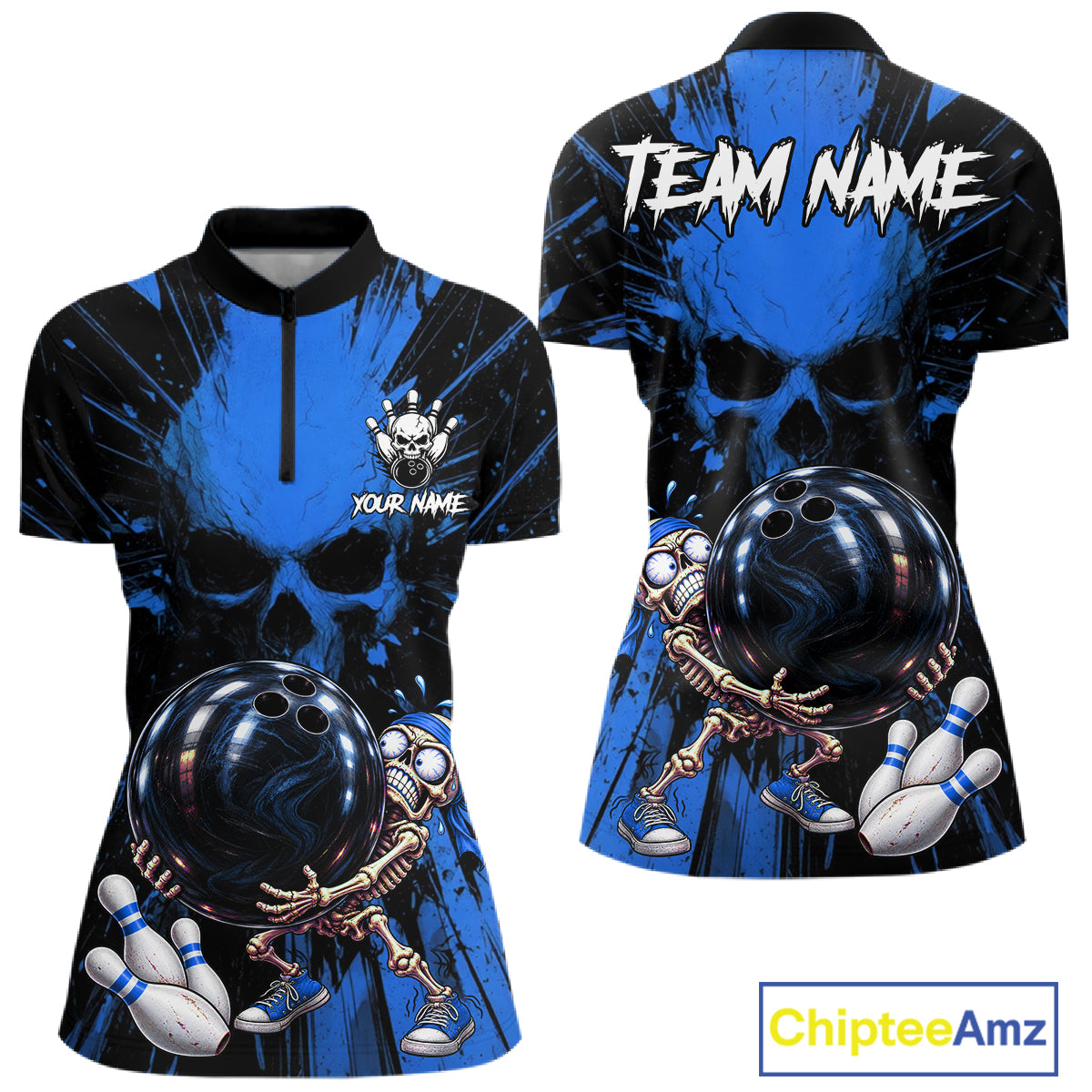 Funny Skull Bowling Shirt, Personalized Blue Skeleton Bowling Polo For Bowling Teams For Women NHT1515