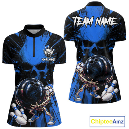 Funny Skull Bowling Shirt, Personalized Blue Skeleton Bowling Polo For Bowling Teams For Women NHT1515