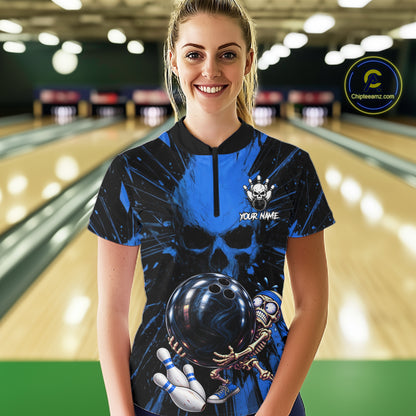 Funny Skull Bowling Shirt, Personalized Blue Skeleton Bowling Polo For Bowling Teams For Women NHT1515