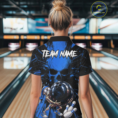 Funny Skull Bowling Shirt, Personalized Blue Skeleton Bowling Polo For Bowling Teams For Women NHT1515