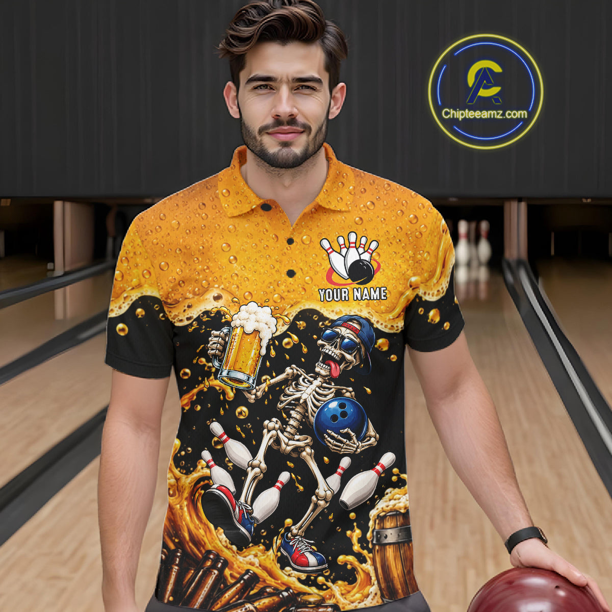 Personalized Bowling Shirt, Beer Skeleton Bowling Shirt With Custom Team Name For Men NHT1516