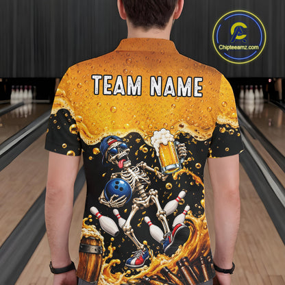 Personalized Bowling Shirt, Beer Skeleton Bowling Shirt With Custom Team Name For Men NHT1516