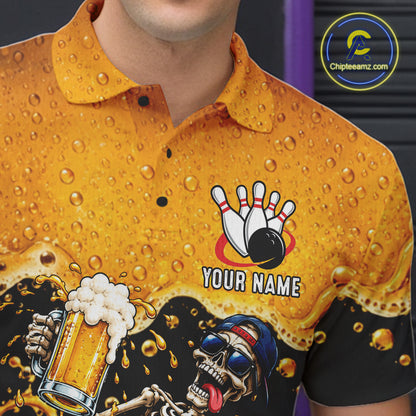 Personalized Bowling Shirt, Beer Skeleton Bowling Shirt With Custom Team Name For Men NHT1516