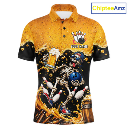 Personalized Bowling Shirt, Beer Skeleton Bowling Shirt With Custom Team Name For Men NHT1516