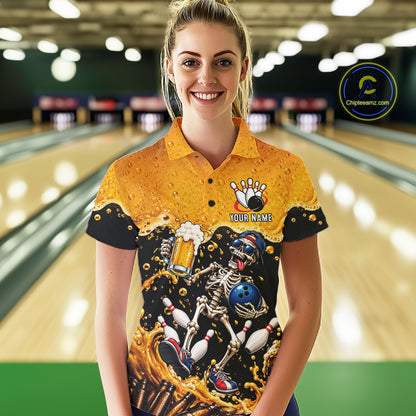 Personalized Bowling Shirt, Beer Skeleton Bowling Shirt With Custom Team Name For Women NHT1516