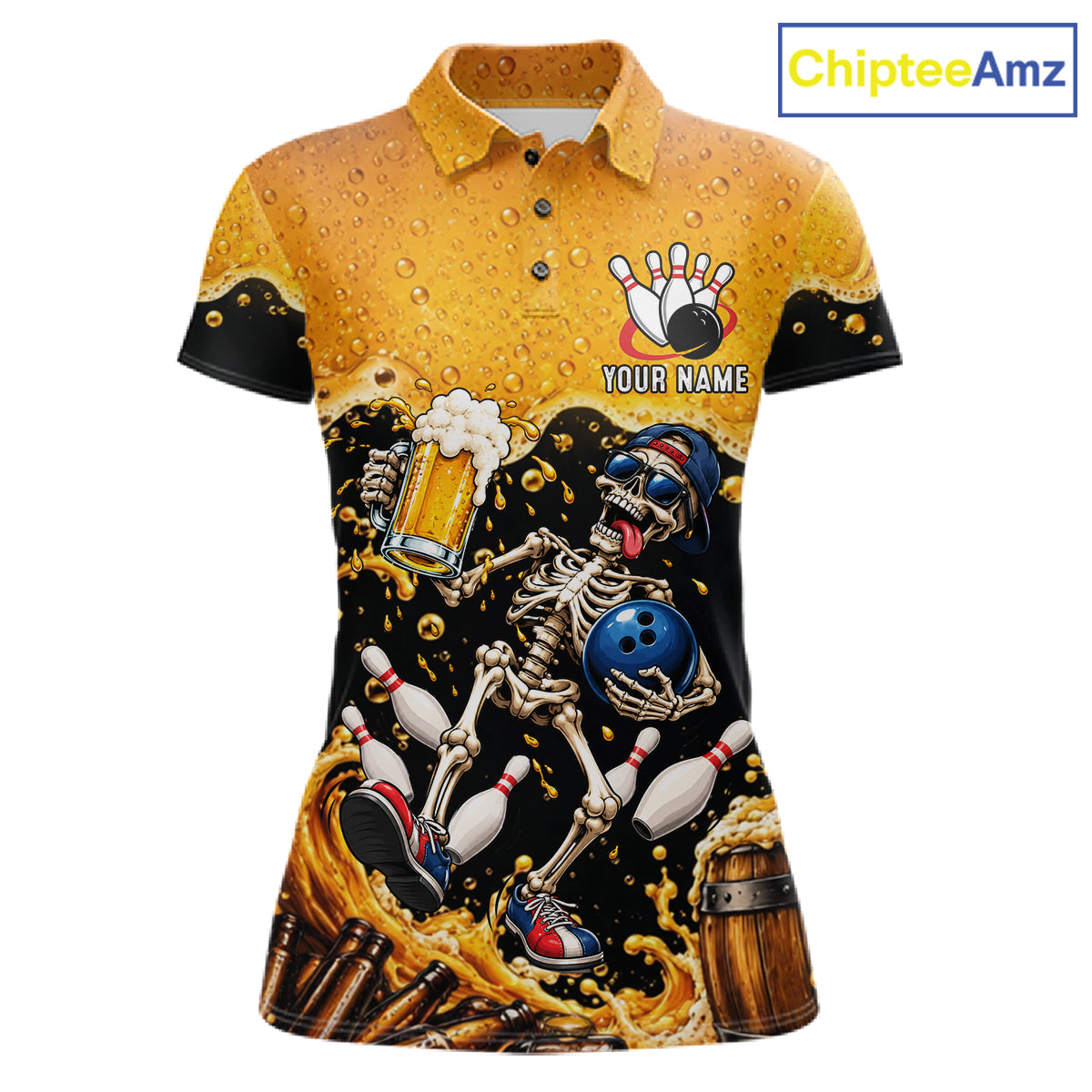 Personalized Bowling Shirt, Beer Skeleton Bowling Shirt With Custom Team Name For Women NHT1516