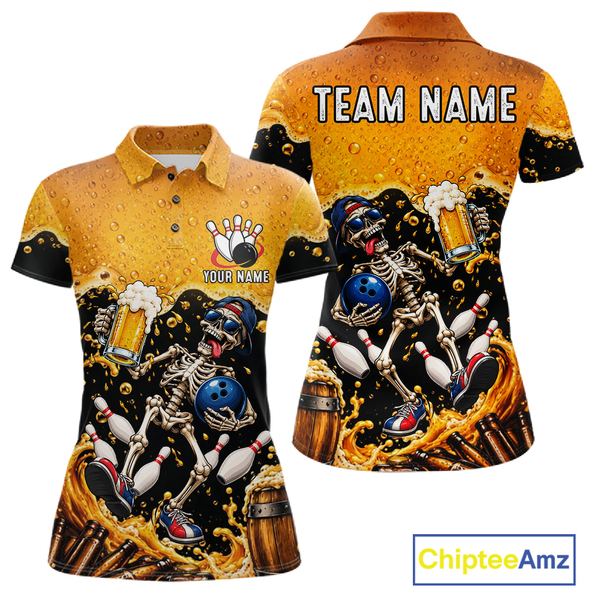 Personalized Bowling Shirt, Beer Skeleton Bowling Shirt With Custom Team Name For Women NHT1516