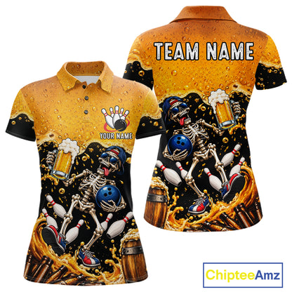 Personalized Bowling Shirt, Beer Skeleton Bowling Shirt With Custom Team Name For Women NHT1516
