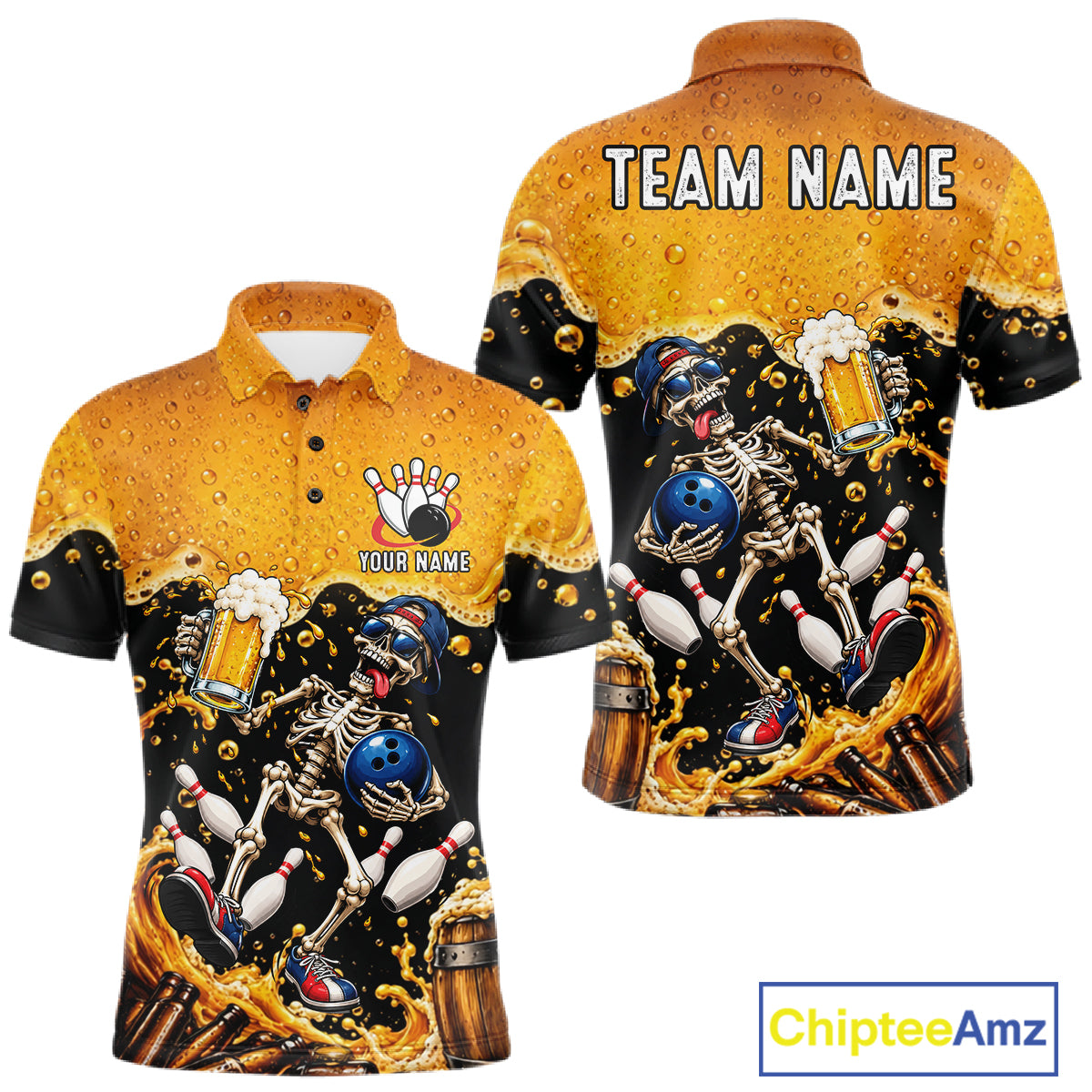 Personalized Bowling Shirt, Beer Skeleton Bowling Shirt With Custom Team Name For Men NHT1516
