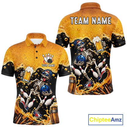 Personalized Bowling Shirt, Beer Skeleton Bowling Shirt With Custom Team Name For Men NHT1516