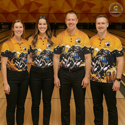 Personalized Bowling Shirt, Beer Skeleton Bowling Shirt With Custom Team Name For Women NHT1516