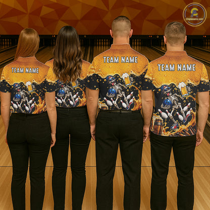 Personalized Bowling Shirt, Beer Skeleton Bowling Shirt With Custom Team Name For Women NHT1516