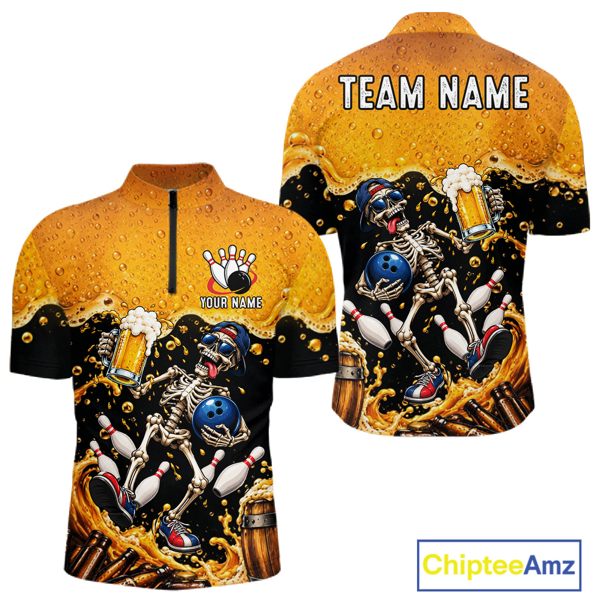 Personalized Bowling Shirt, Beer Skeleton Bowling Shirt With Custom Team Name For Men NHT1516