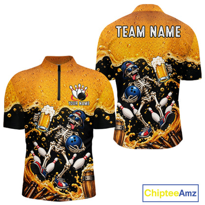 Personalized Bowling Shirt, Beer Skeleton Bowling Shirt With Custom Team Name For Men NHT1516