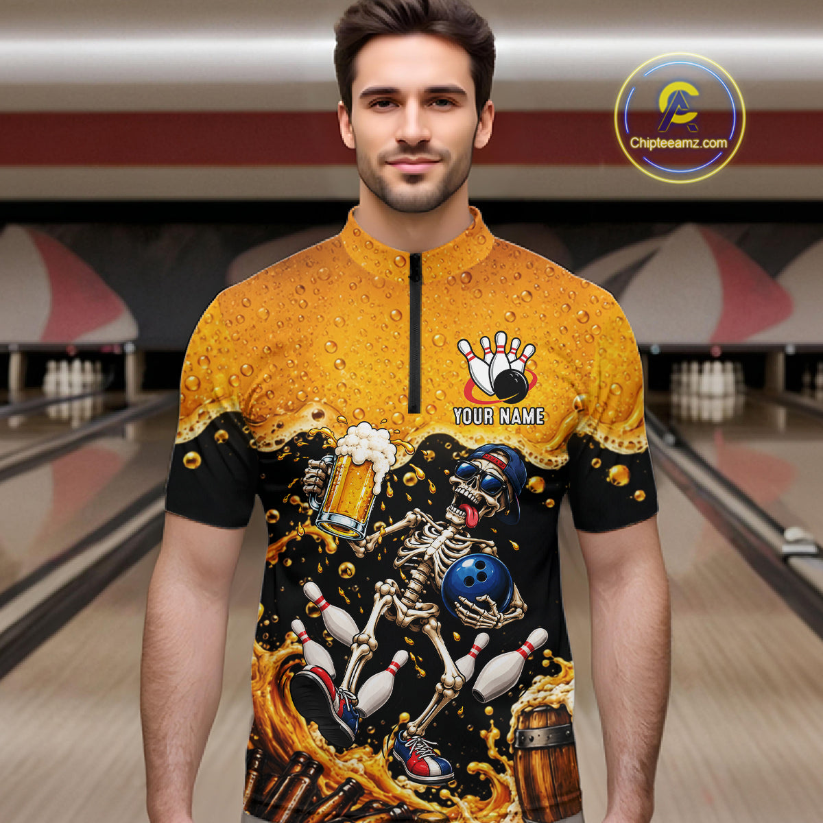 Personalized Bowling Shirt, Beer Skeleton Bowling Shirt With Custom Team Name For Men NHT1516