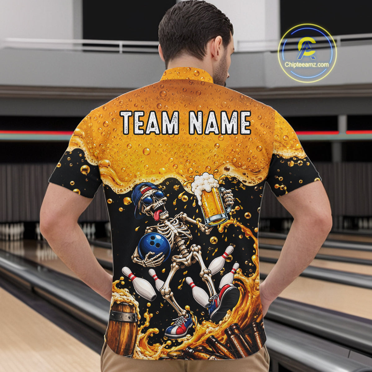 Personalized Bowling Shirt, Beer Skeleton Bowling Shirt With Custom Team Name For Men NHT1516