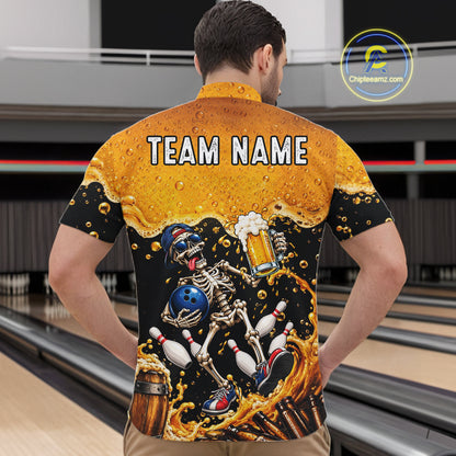 Personalized Bowling Shirt, Beer Skeleton Bowling Shirt With Custom Team Name For Men NHT1516