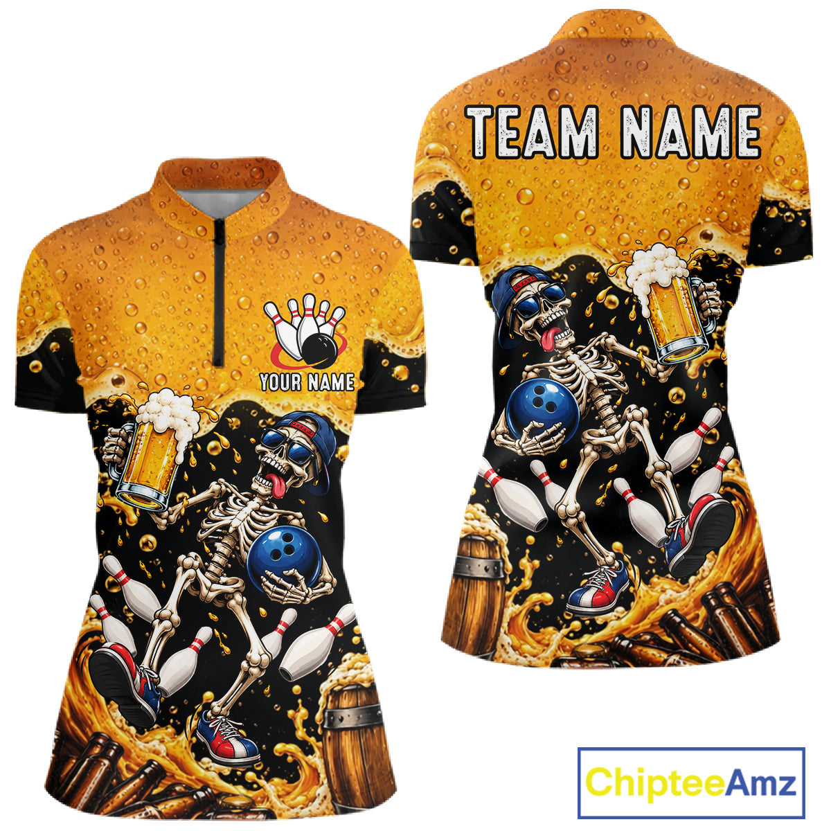 Personalized Bowling Shirt, Beer Skeleton Bowling Shirt With Custom Team Name For Women NHT1516