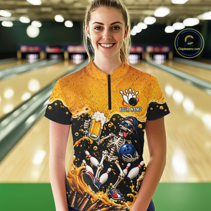 Personalized Bowling Shirt, Beer Skeleton Bowling Shirt With Custom Team Name For Women NHT1516