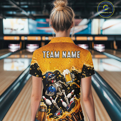 Personalized Bowling Shirt, Beer Skeleton Bowling Shirt With Custom Team Name For Women NHT1516