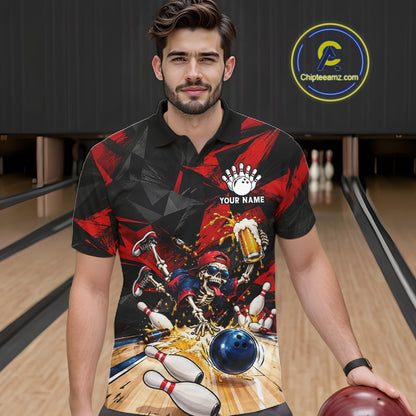 Personalized Bowling Shirt, Funny Skeleton Beer Bowling Shirt With Custom Team Name For Men NHT1517