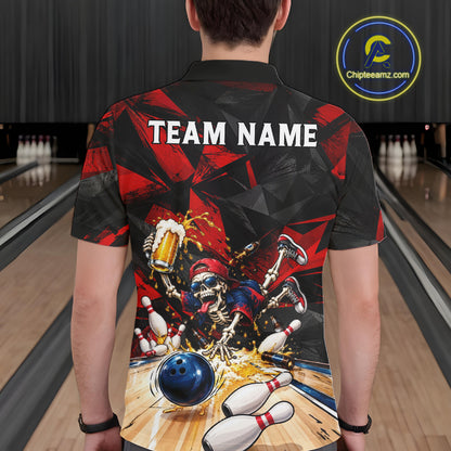 Personalized Bowling Shirt, Funny Skeleton Beer Bowling Shirt With Custom Team Name For Men NHT1517