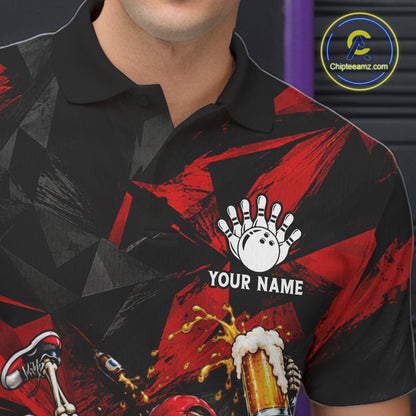 Personalized Bowling Shirt, Funny Skeleton Beer Bowling Shirt With Custom Team Name For Men NHT1517