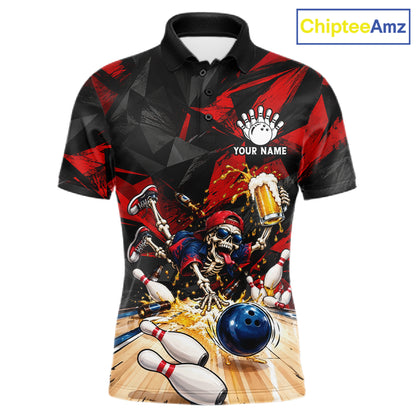 Personalized Bowling Shirt, Funny Skeleton Beer Bowling Shirt With Custom Team Name For Men NHT1517