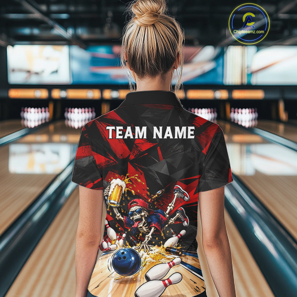 Personalized Bowling Shirt, Funny Skeleton Beer Bowling Shirt With Custom Team Name For Women NHT1517