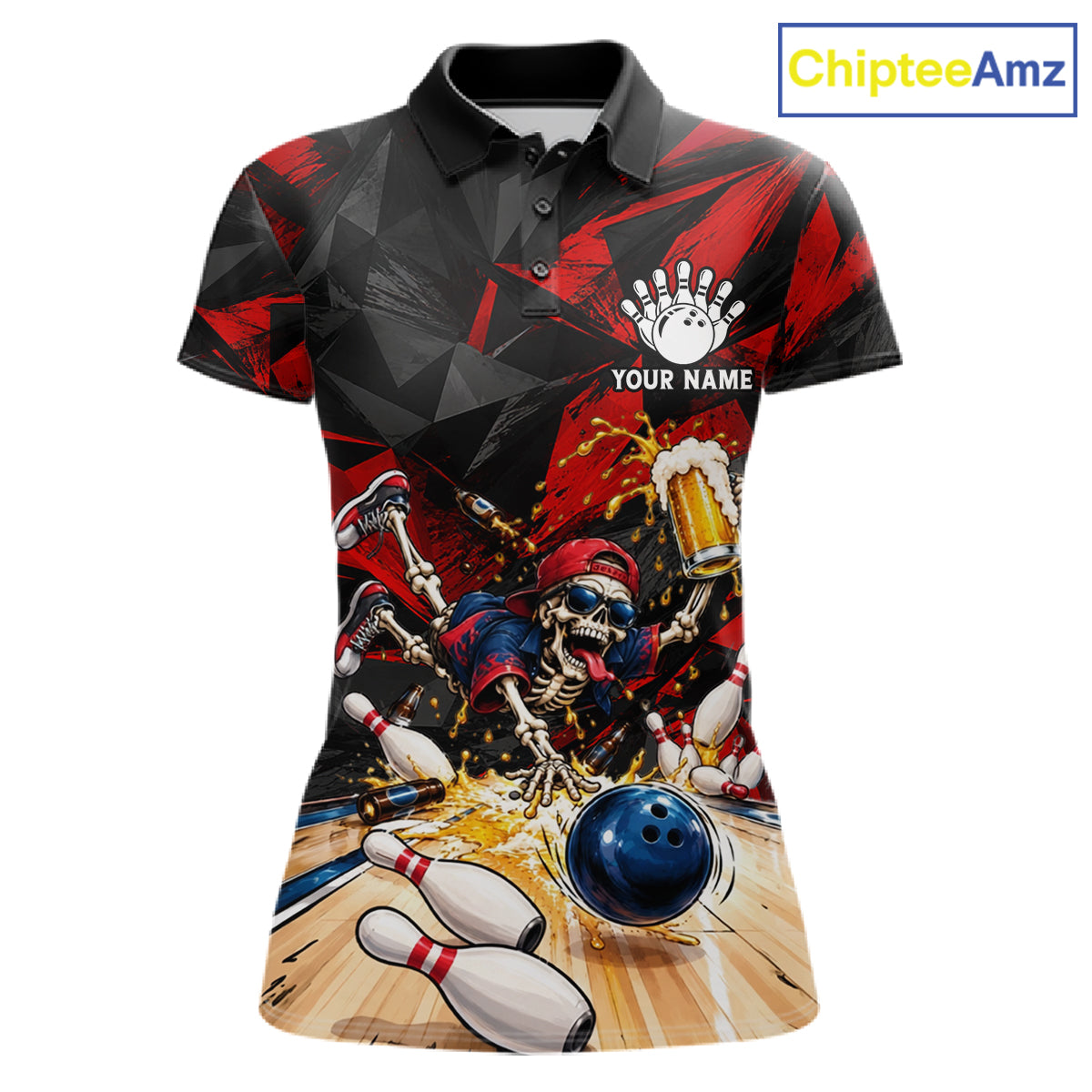 Personalized Bowling Shirt, Funny Skeleton Beer Bowling Shirt With Custom Team Name For Women NHT1517