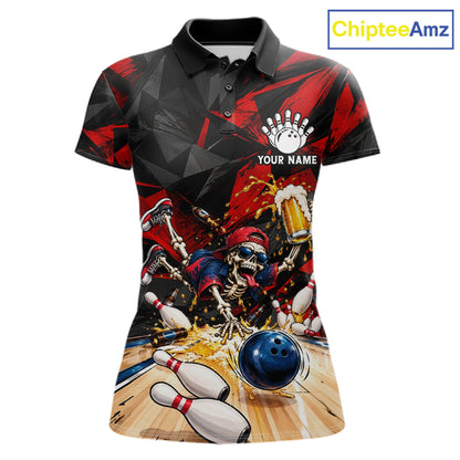 Personalized Bowling Shirt, Funny Skeleton Beer Bowling Shirt With Custom Team Name For Women NHT1517