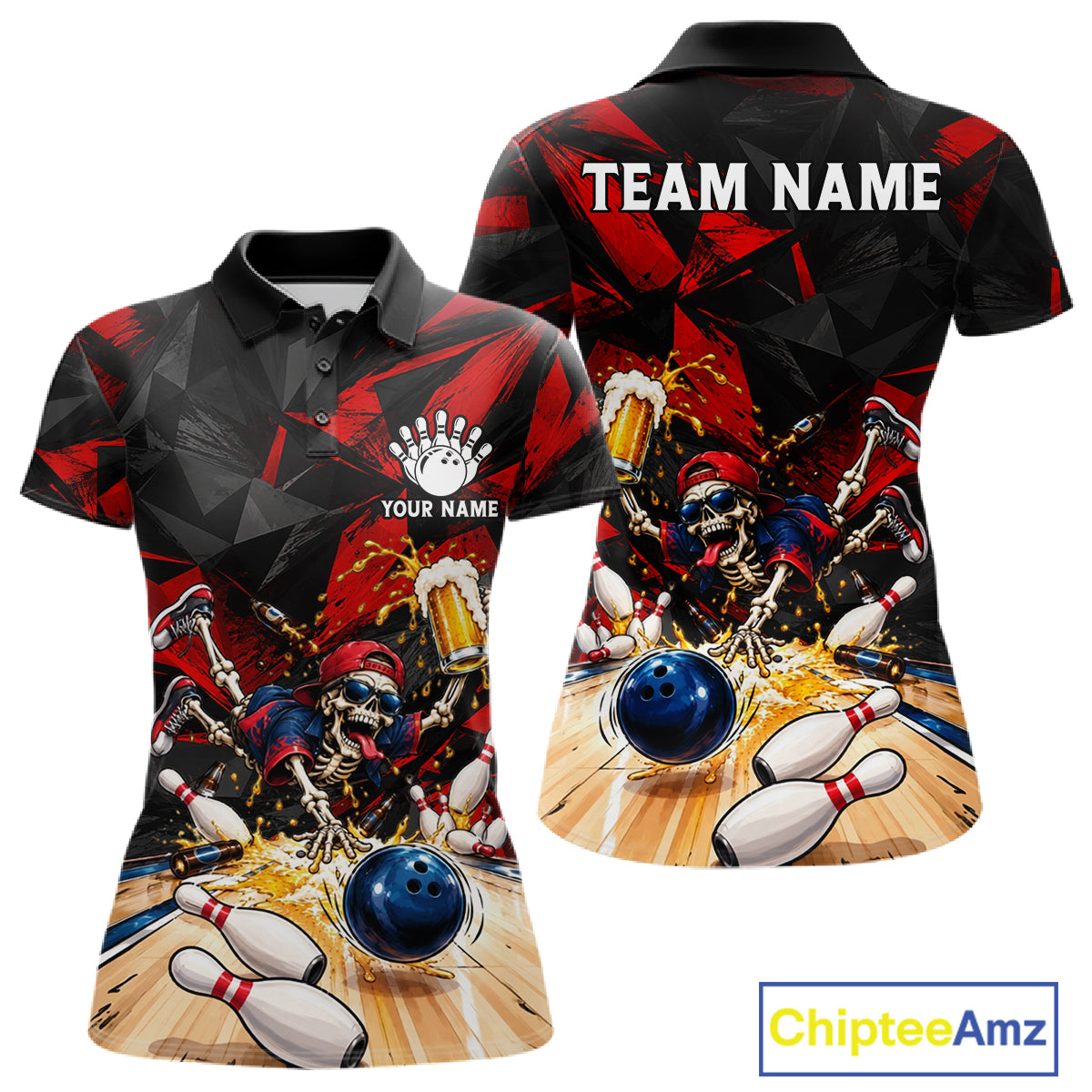 Personalized Bowling Shirt, Funny Skeleton Beer Bowling Shirt With Custom Team Name For Women NHT1517
