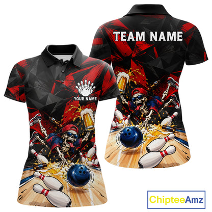 Personalized Bowling Shirt, Funny Skeleton Beer Bowling Shirt With Custom Team Name For Women NHT1517