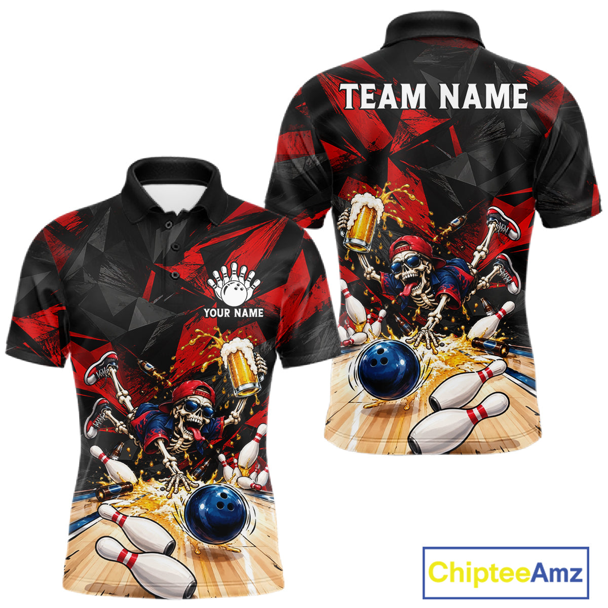 Personalized Bowling Shirt, Funny Skeleton Beer Bowling Shirt With Custom Team Name For Men NHT1517