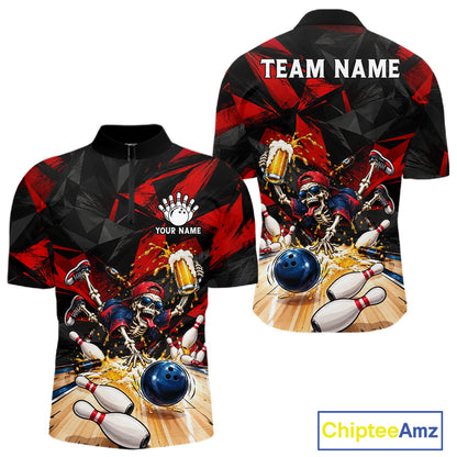 Personalized Bowling Shirt, Funny Skeleton Beer Bowling Shirt With Custom Team Name For Men NHT1517