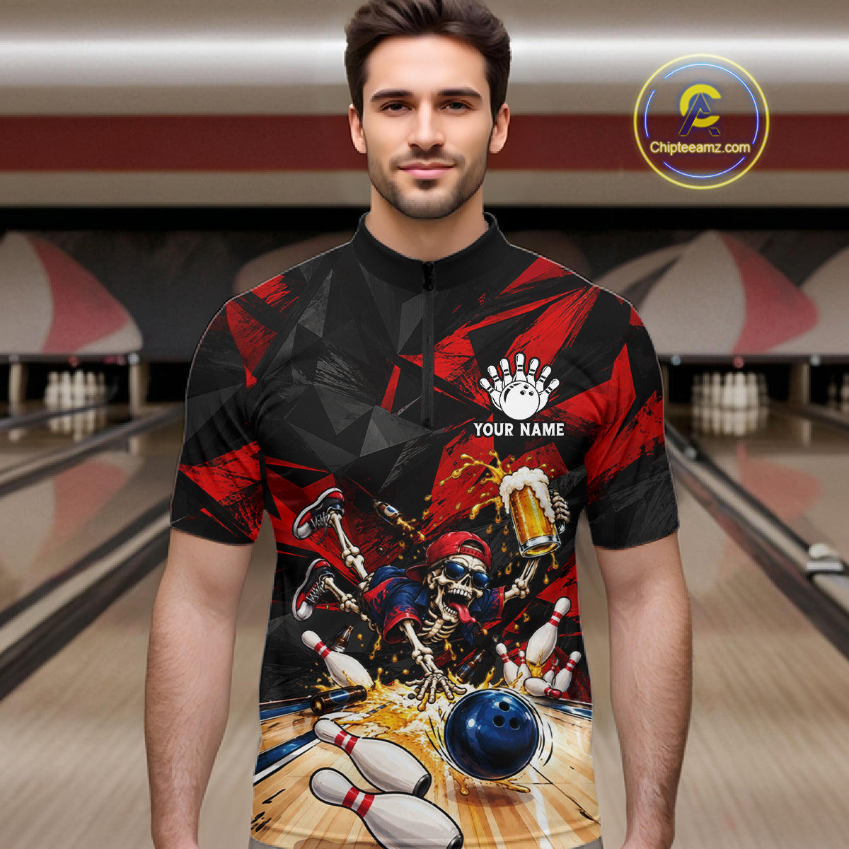 Personalized Bowling Shirt, Funny Skeleton Beer Bowling Shirt With Custom Team Name For Men NHT1517