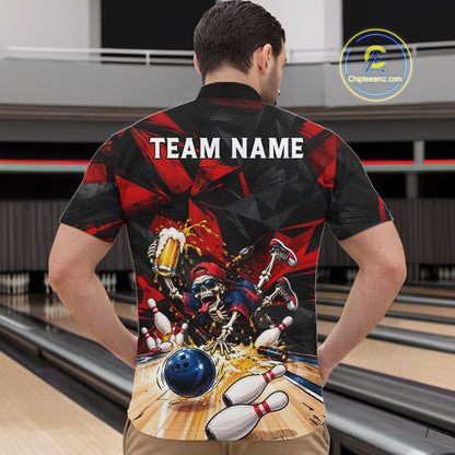 Personalized Bowling Shirt, Funny Skeleton Beer Bowling Shirt With Custom Team Name For Men NHT1517