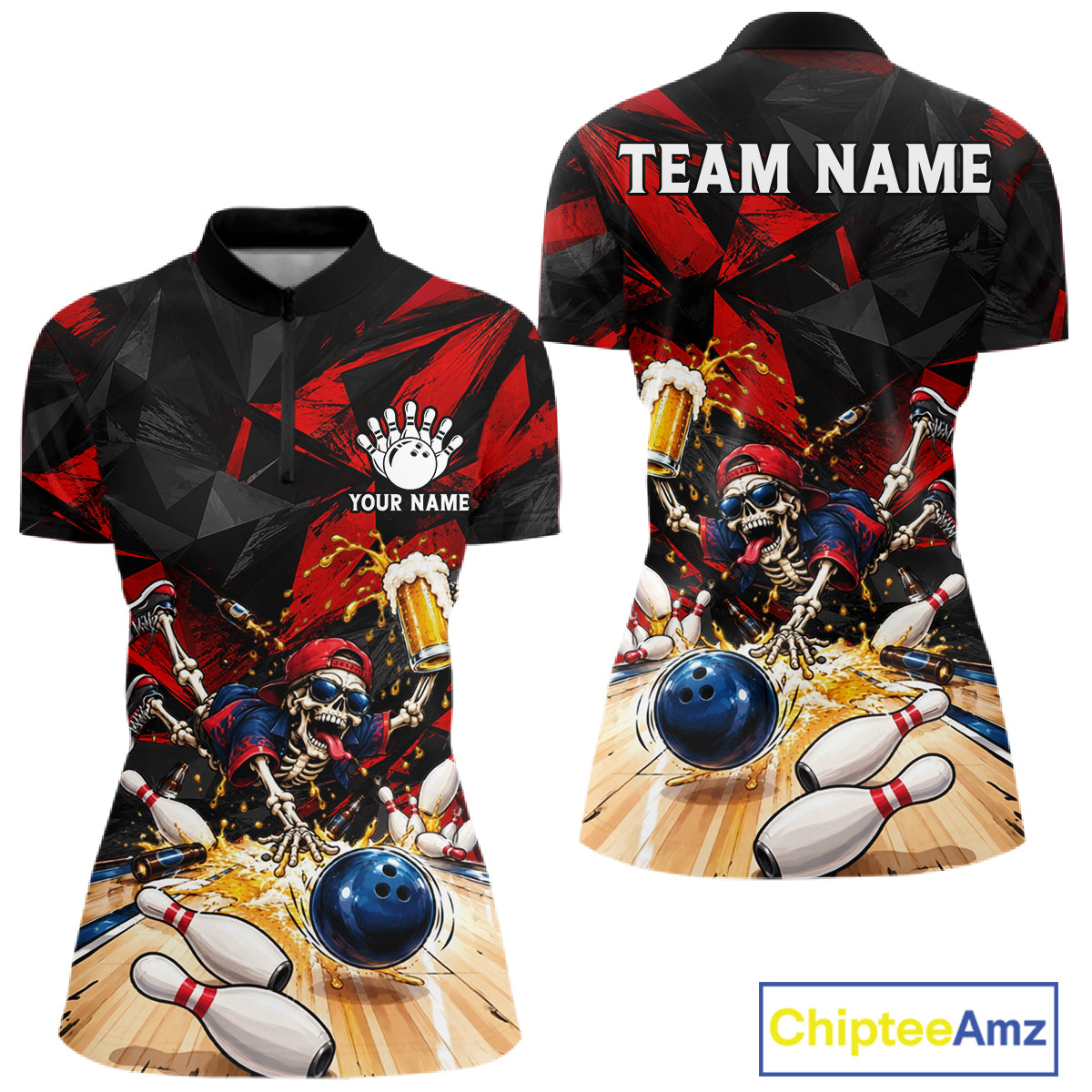 Personalized Bowling Shirt, Funny Skeleton Beer Bowling Shirt With Custom Team Name For Women NHT1517