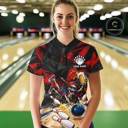 Personalized Bowling Shirt, Funny Skeleton Beer Bowling Shirt With Custom Team Name For Women NHT1517