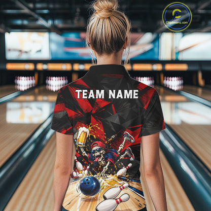 Personalized Bowling Shirt, Funny Skeleton Beer Bowling Shirt With Custom Team Name For Women NHT1517