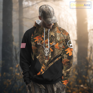 Deer Hunting Shirt 3D Autumn Camo Custom Name With Deer Skull Whitetail And US Flag NHT223