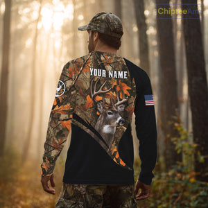 Deer Hunting Shirt 3D Autumn Camo Custom Name With Deer Skull Whitetail And US Flag NHT223
