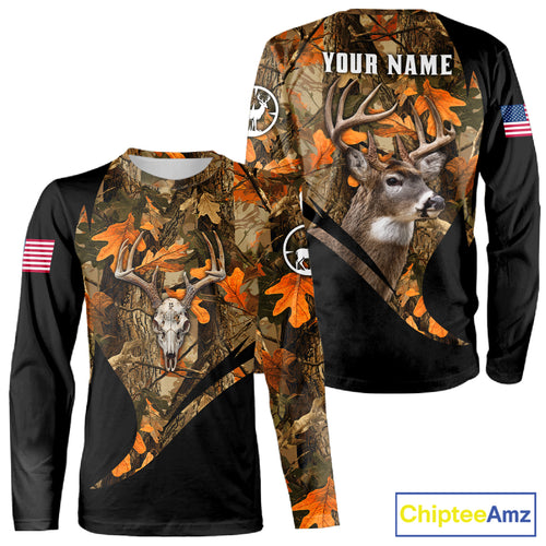 Deer Hunting Shirt 3D Autumn Camo Custom Name With Deer Skull Whitetail And US Flag NHT223