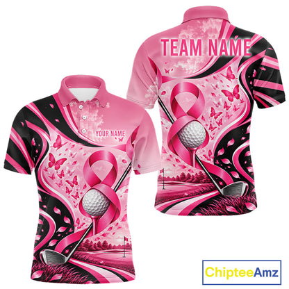 Breast Cancer Awareness Pink Black Men Golf Polo Shirt Custom Ribbon Butterfly Team Jersey NHT1698