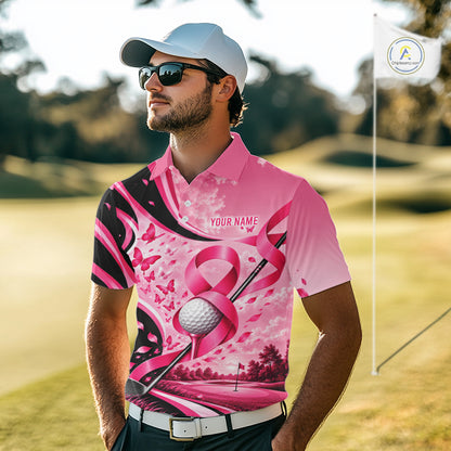 Breast Cancer Awareness Pink Black Men Golf Polo Shirt Custom Ribbon Butterfly Team Jersey NHT1698