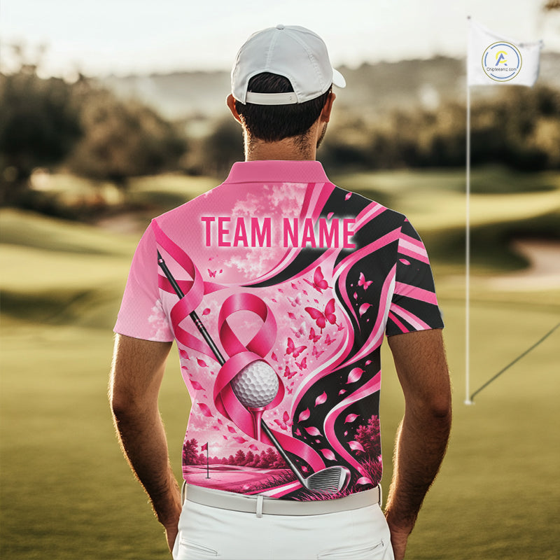 Breast Cancer Awareness Pink Black Men Golf Polo Shirt Custom Ribbon Butterfly Team Jersey NHT1698